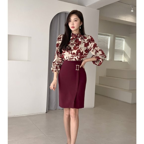 Women Suits Print Long Lantern Sleeve Shirt and Skirt Set - Picture 9 of 9